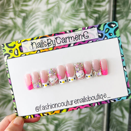 Hello Kitty French tip with rhinestones Acrylic Press on nails