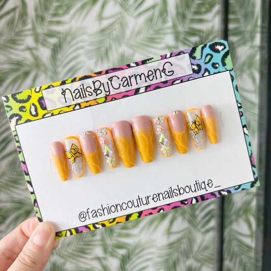 Yellow ombre butterfly spring Acrylic Press on nails