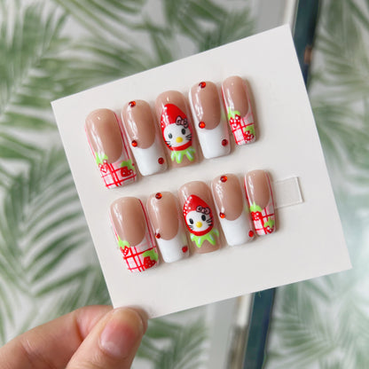Strawberry Hello Kitty French Tip Acrylic Press On Nails