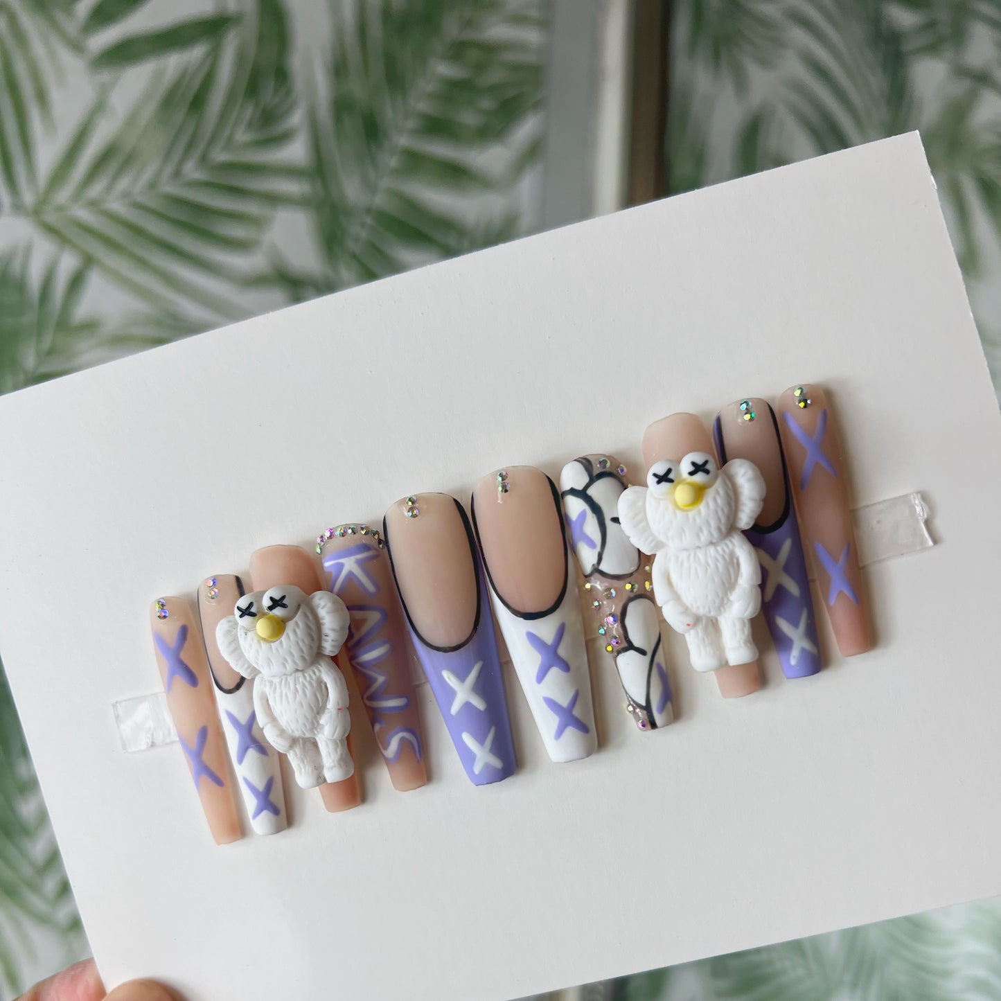 Purple and white Kaws charms Acrylic Press on nails