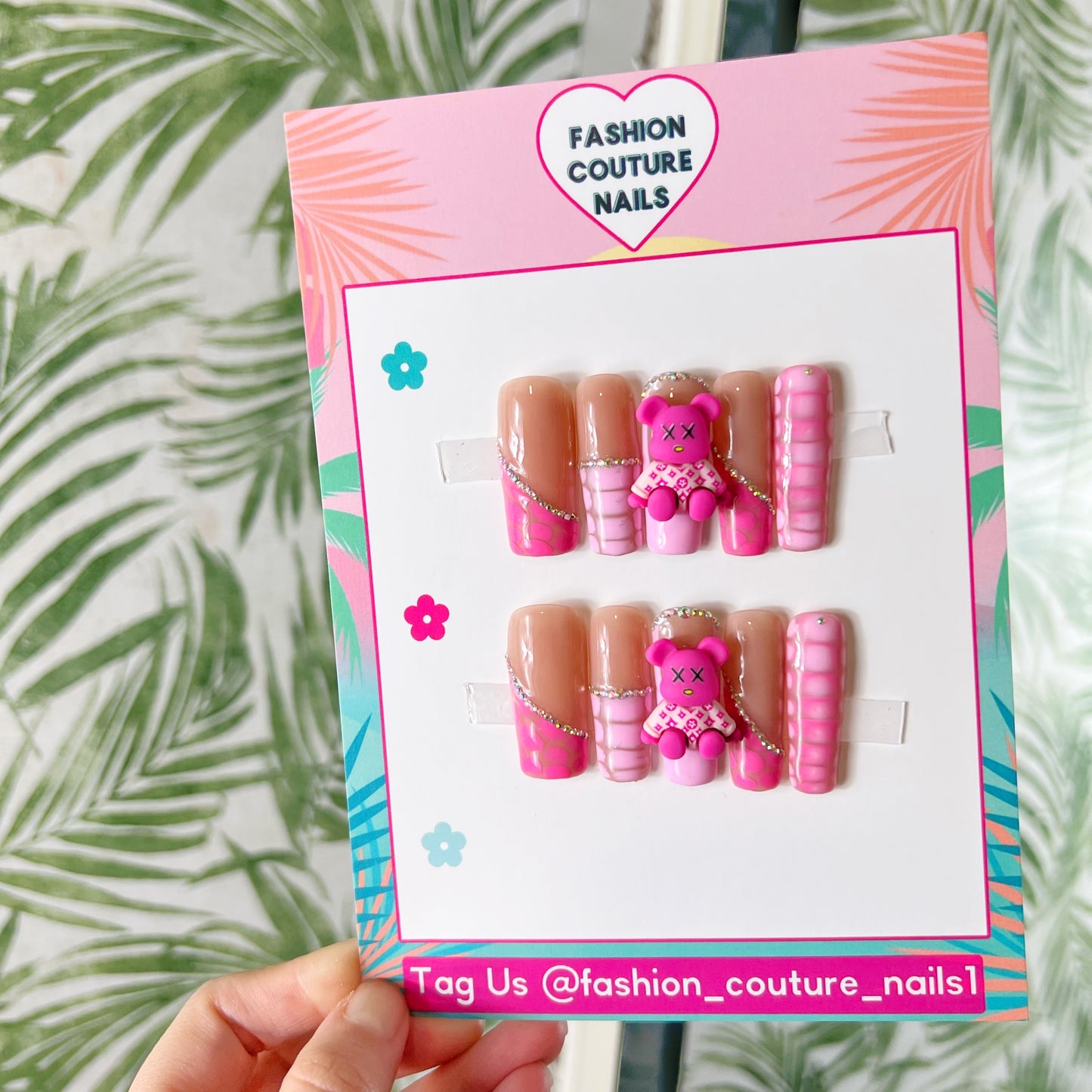 Pink teddy bear Kaws Acrylic Press on nails
