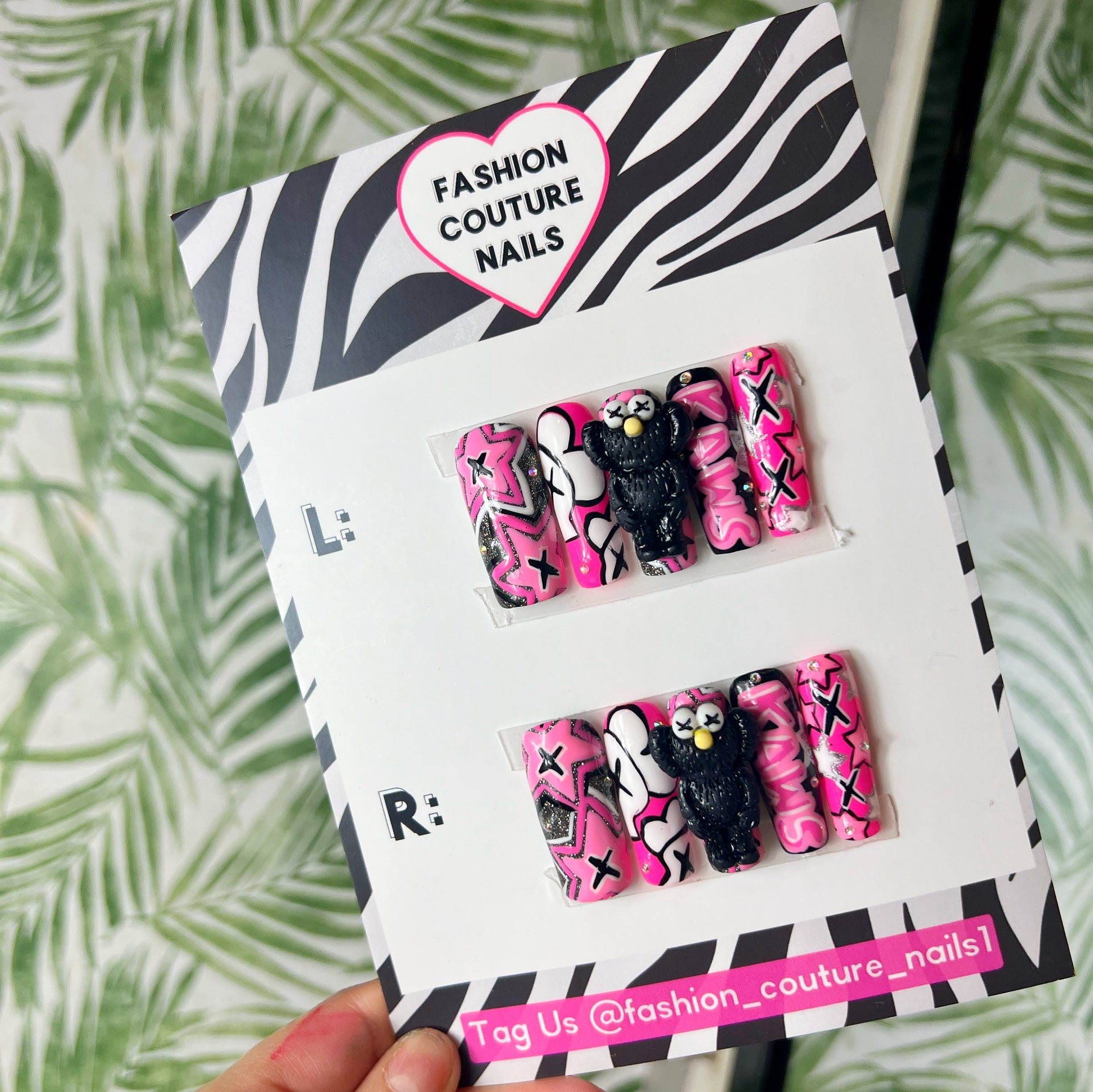 Black and pink Kaws charms Acrylic Press on nails – FASHION COUTURE