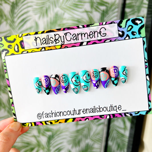 Teal and purple trippy checkered Acrylic Press on nails