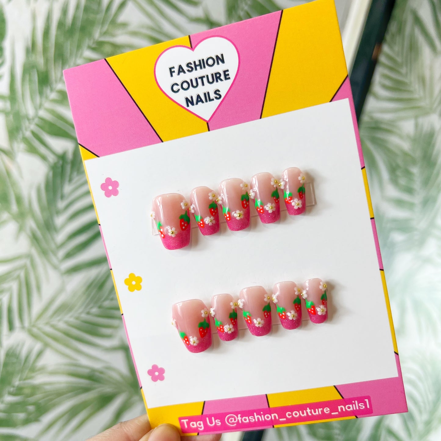 Strawberry and flowers glitter French tip Acrylic Press on nails