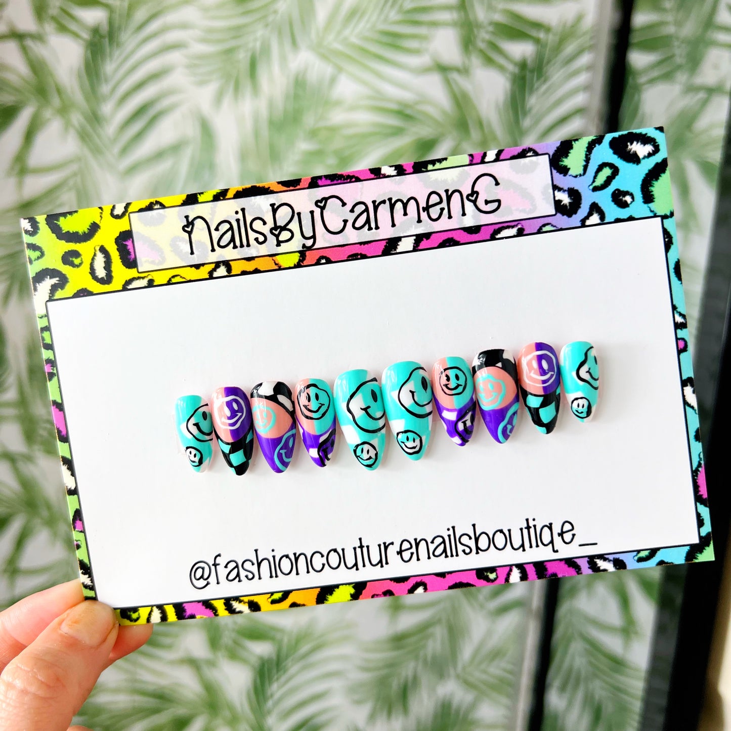 Teal and purple trippy checkered Acrylic Press on nails