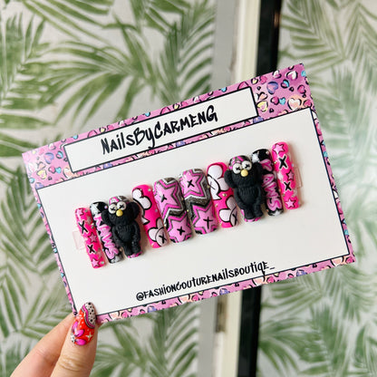 Black and pink  Kaws charms Acrylic Press on nails