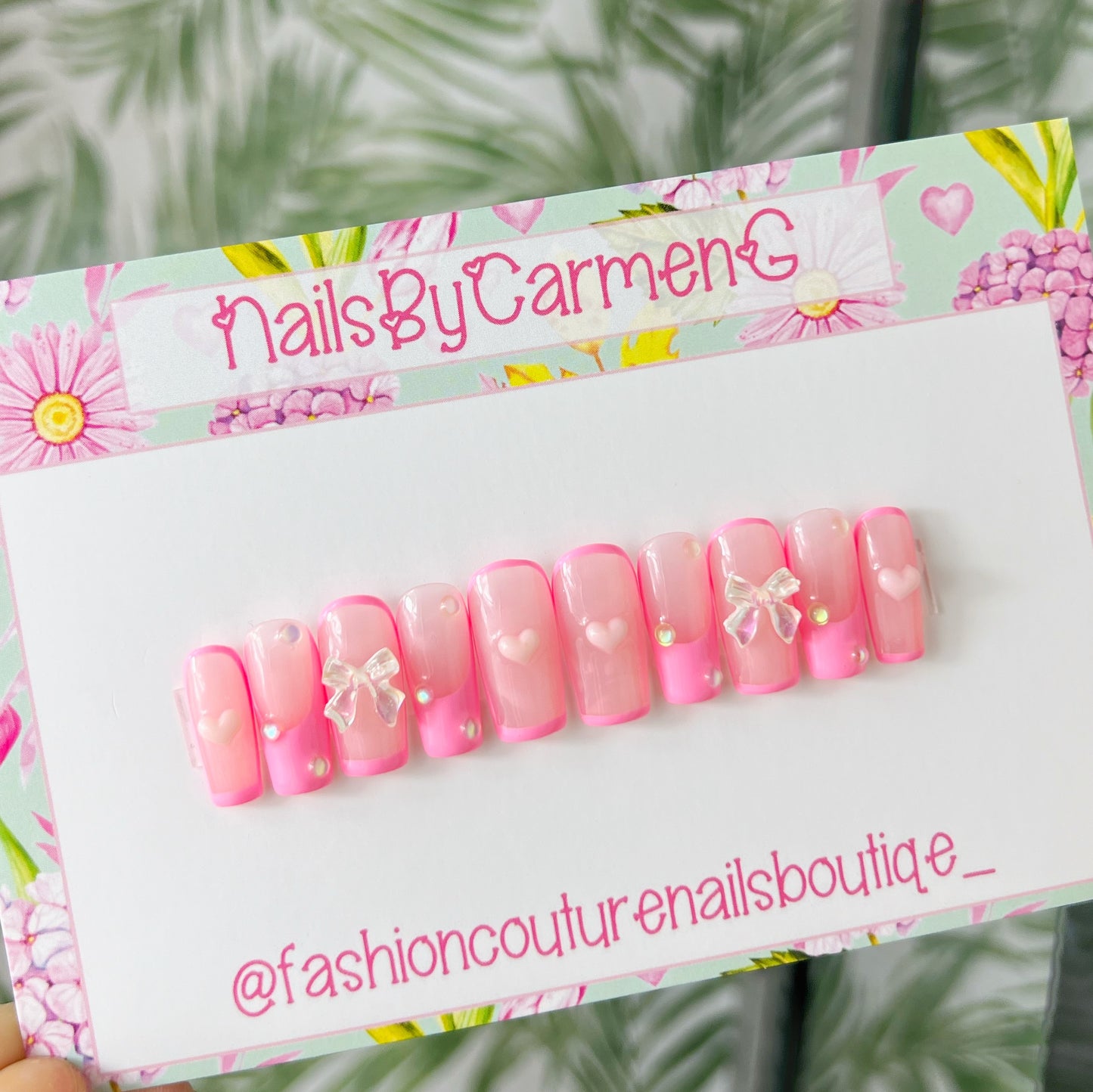 Hearts , pearls and Bows Pink Acrylic Press on nails