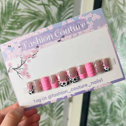 Pink cow print and 3D croc Acrylic Press on nails
