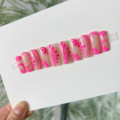 Pink Fiesta print Acrylic Press On Nails