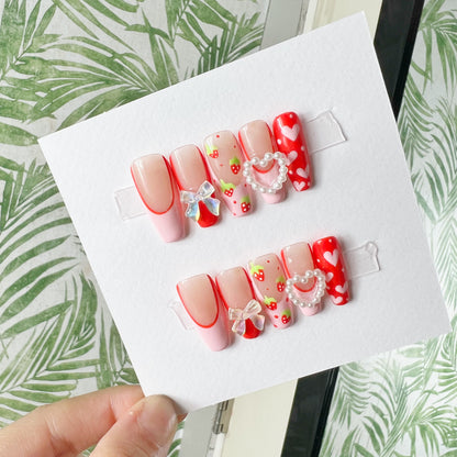 Strawberries, bows and hearts Acrylic Press on nails