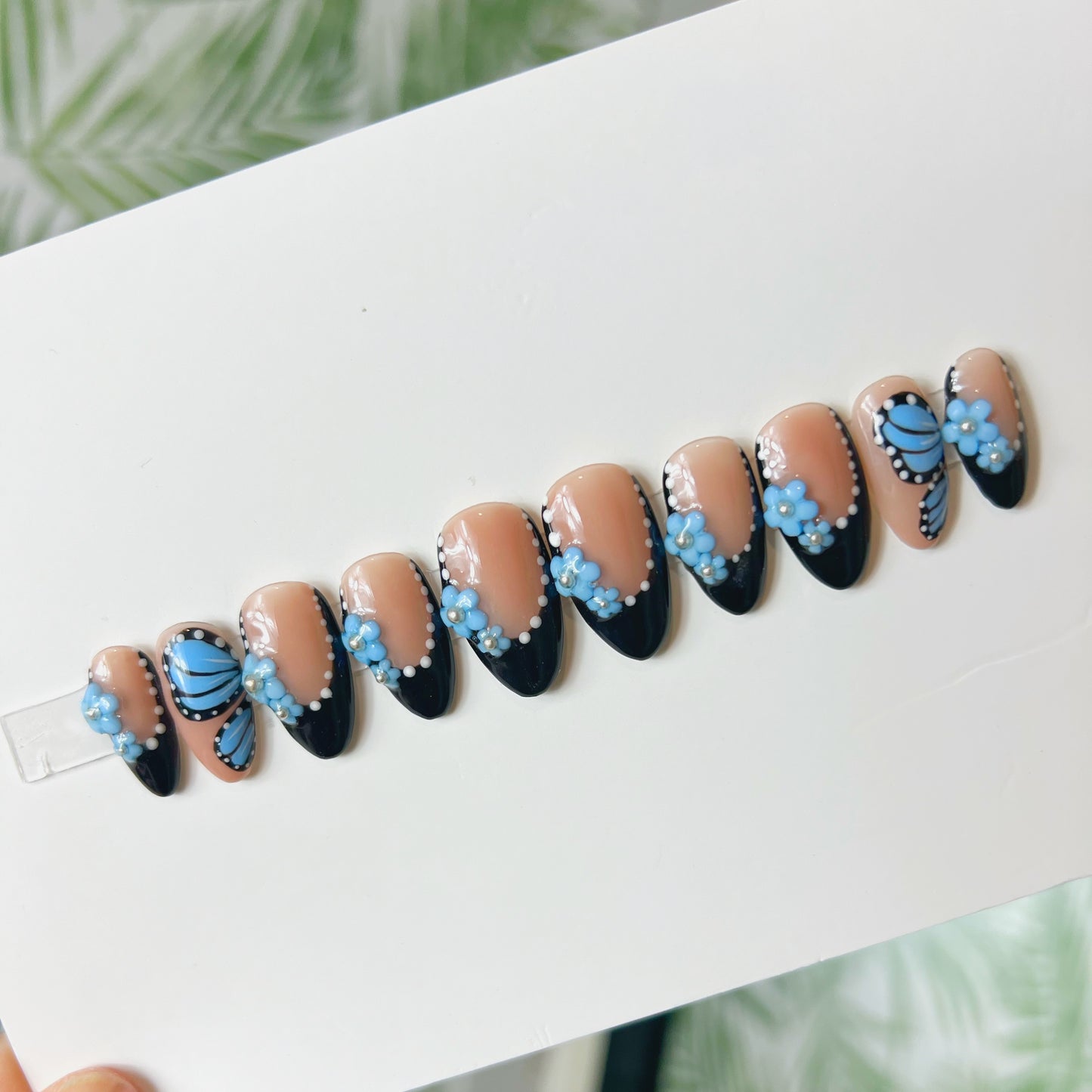 Blue Butterfly Black French tip Acrylic Press on nails