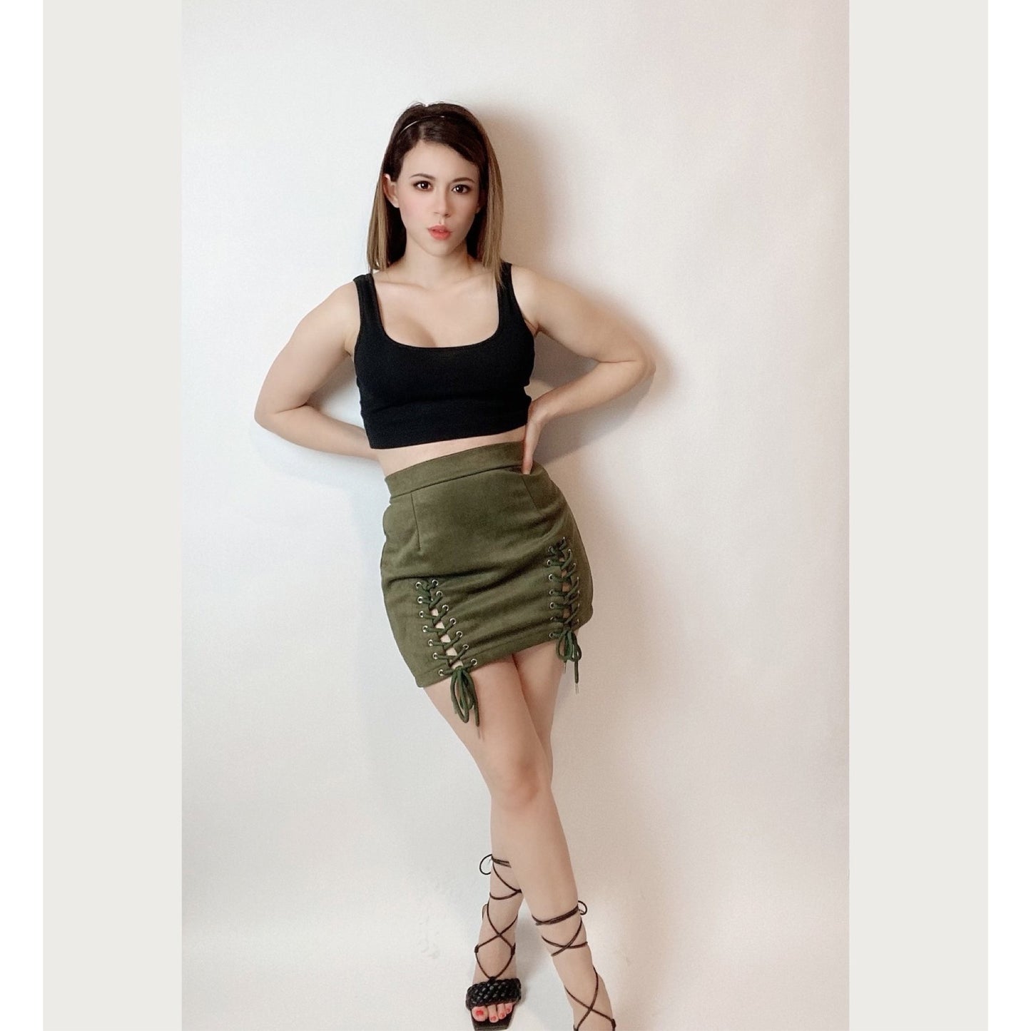Army Green Lace Up Mini Skirt
