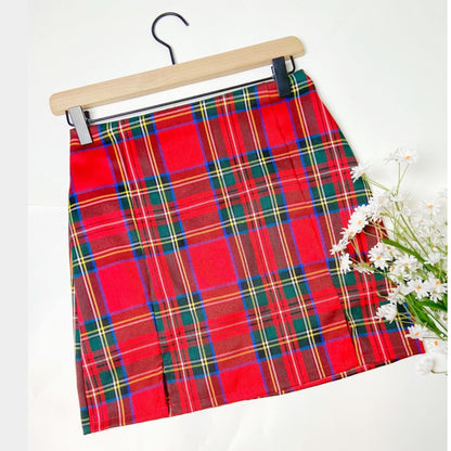 Red Plaid Pattern Side Split Mini Skirt