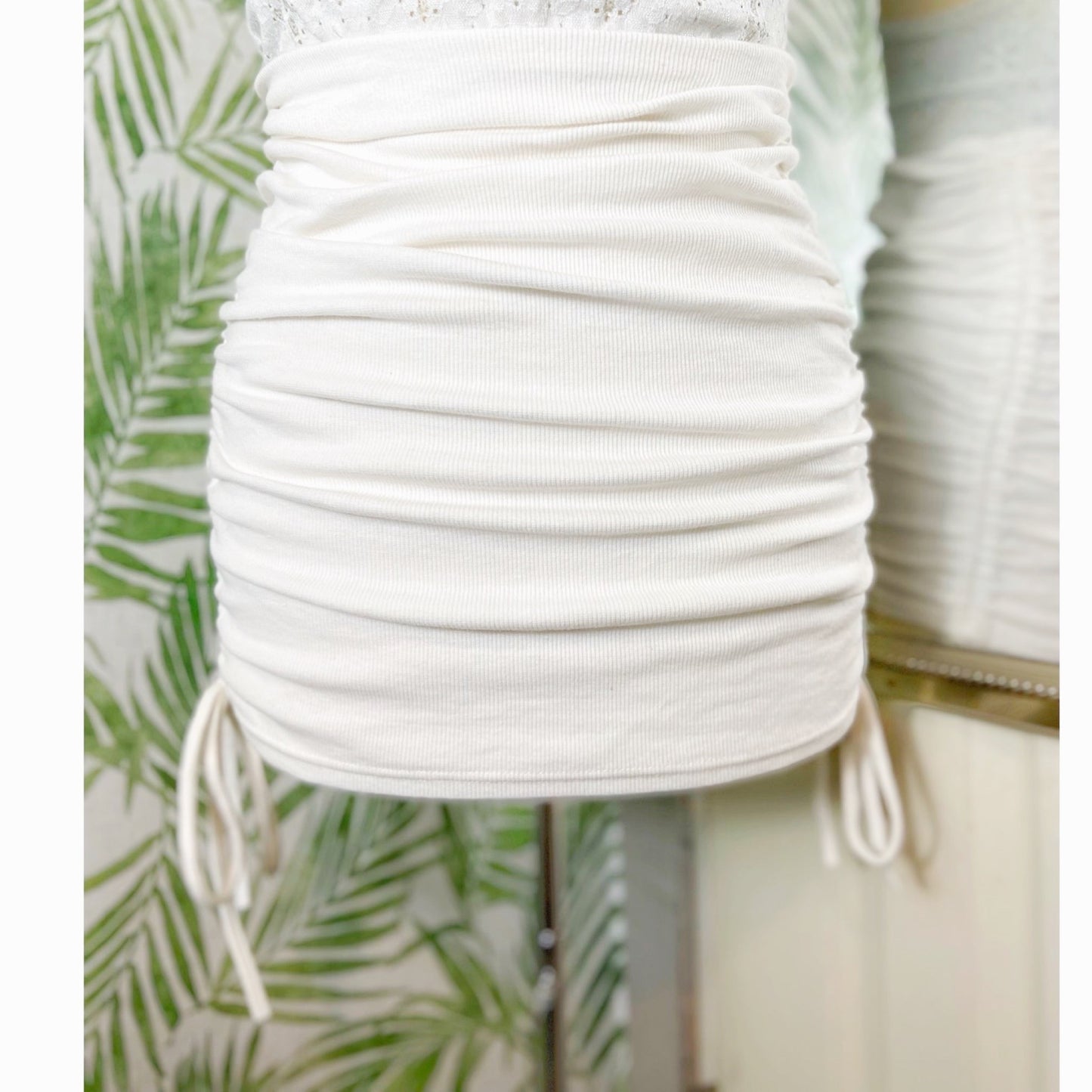 White Ruched Drawstring Mini Skirt