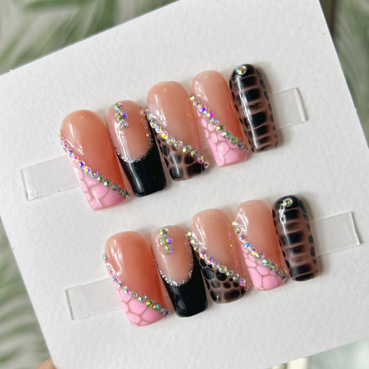 Black and Pink snake print Acrylic Press on nails