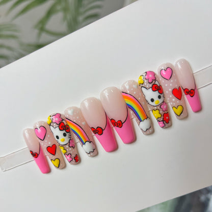 Hello Kitty Rainbow French Tip Acrylic Press On Nails