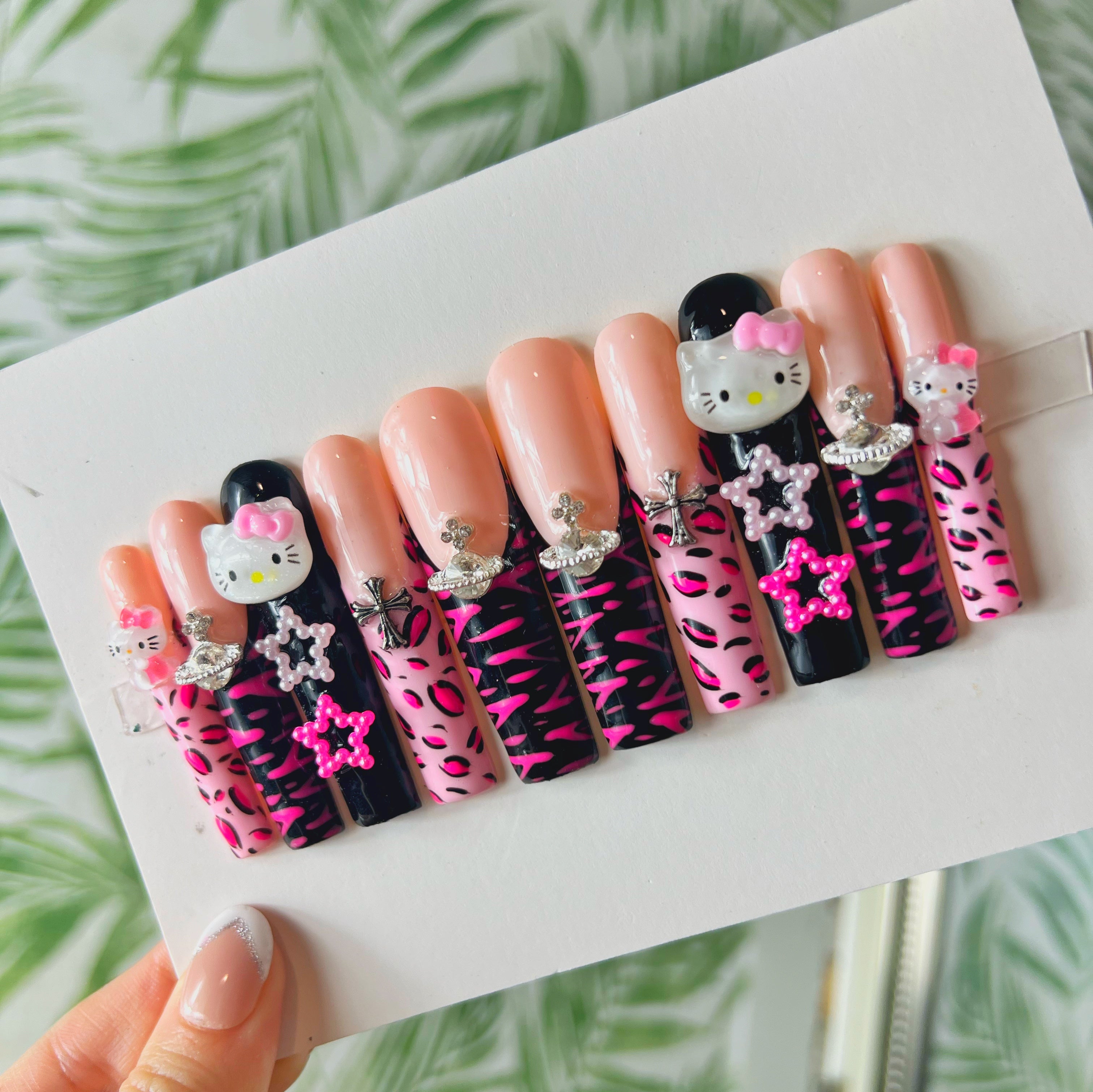 Pink Kitty HK Kawaii Kitty Foil Press on Nails French Nails | eBay