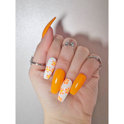 Orange Floral Press On Nails