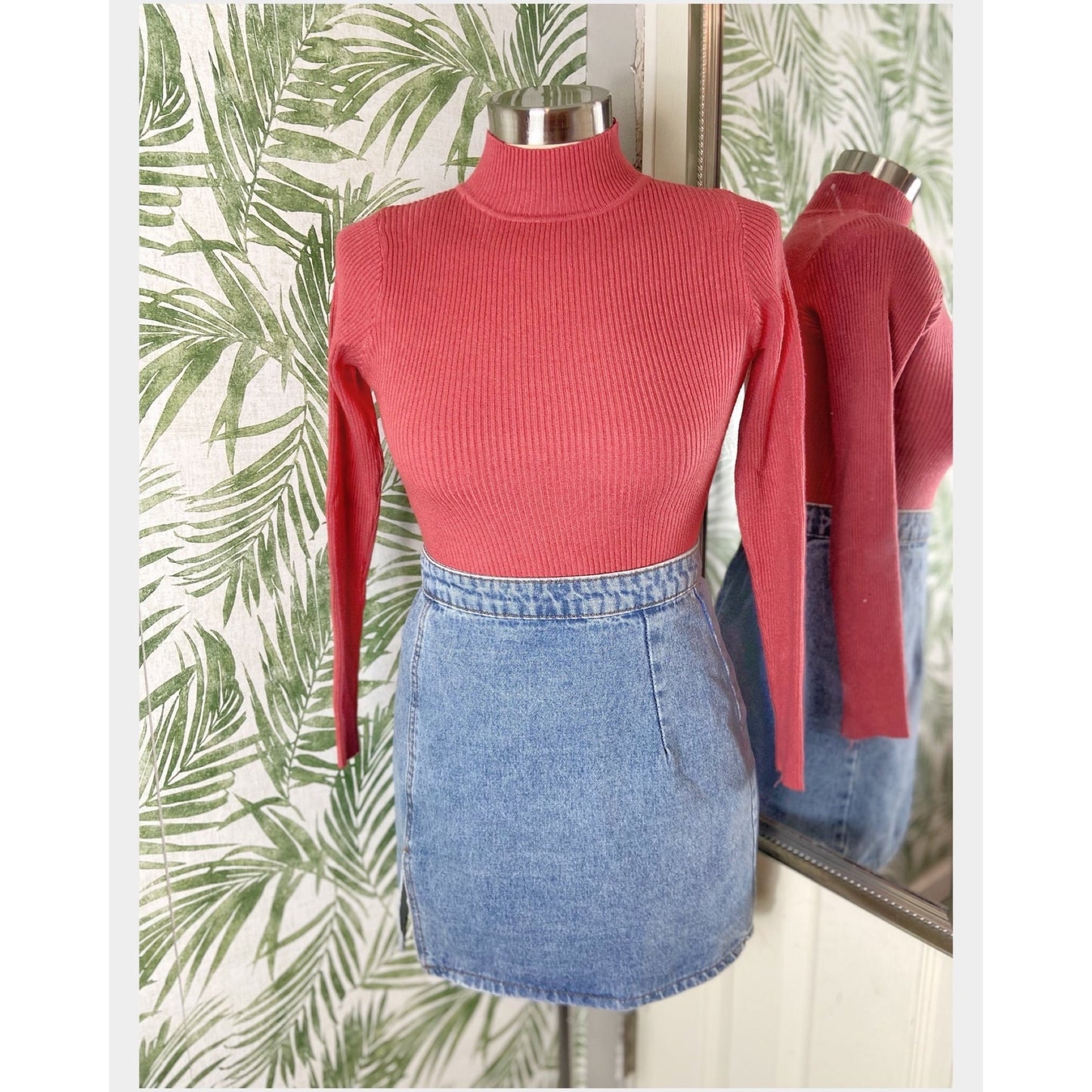 Coral Red Ribbed Turtleneck Sweater