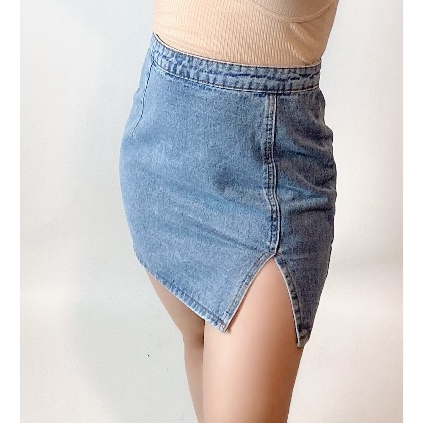 Light Blue Side Slit Denim Mini Skirt