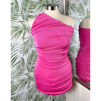 Pretty In Pink One Shoulder Ruched Mini Dress