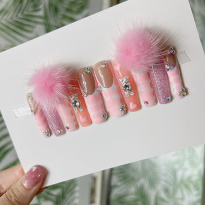 Pom Pom Teddy bear charms Acrylic Press on nails