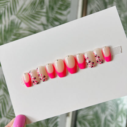 Neon pink cheetah print French tip Acrylic Press on nails