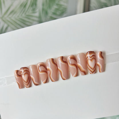 Brown Heart Swirls Acrylic Press on nails