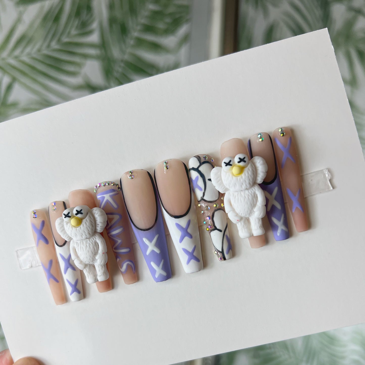 Purple and white Kaws charms Acrylic Press on nails