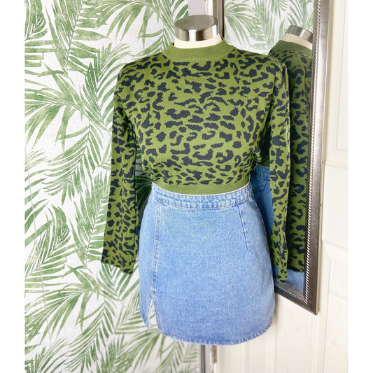 Green Cheetah Print Cropped Sweater