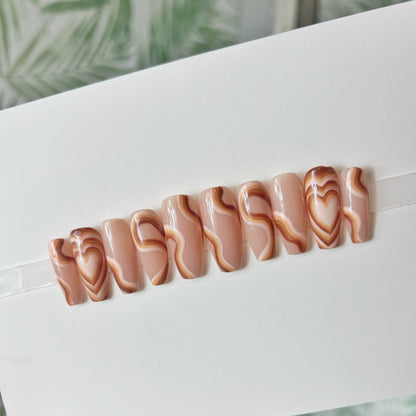 Brown Heart Swirls Acrylic Press on nails