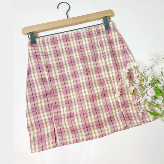 Pink Plaid Side Split Mini Skirt