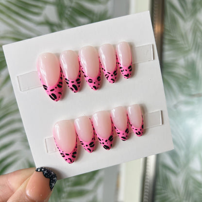 Pink Leopard Print French Tip Acrylic Press on nails