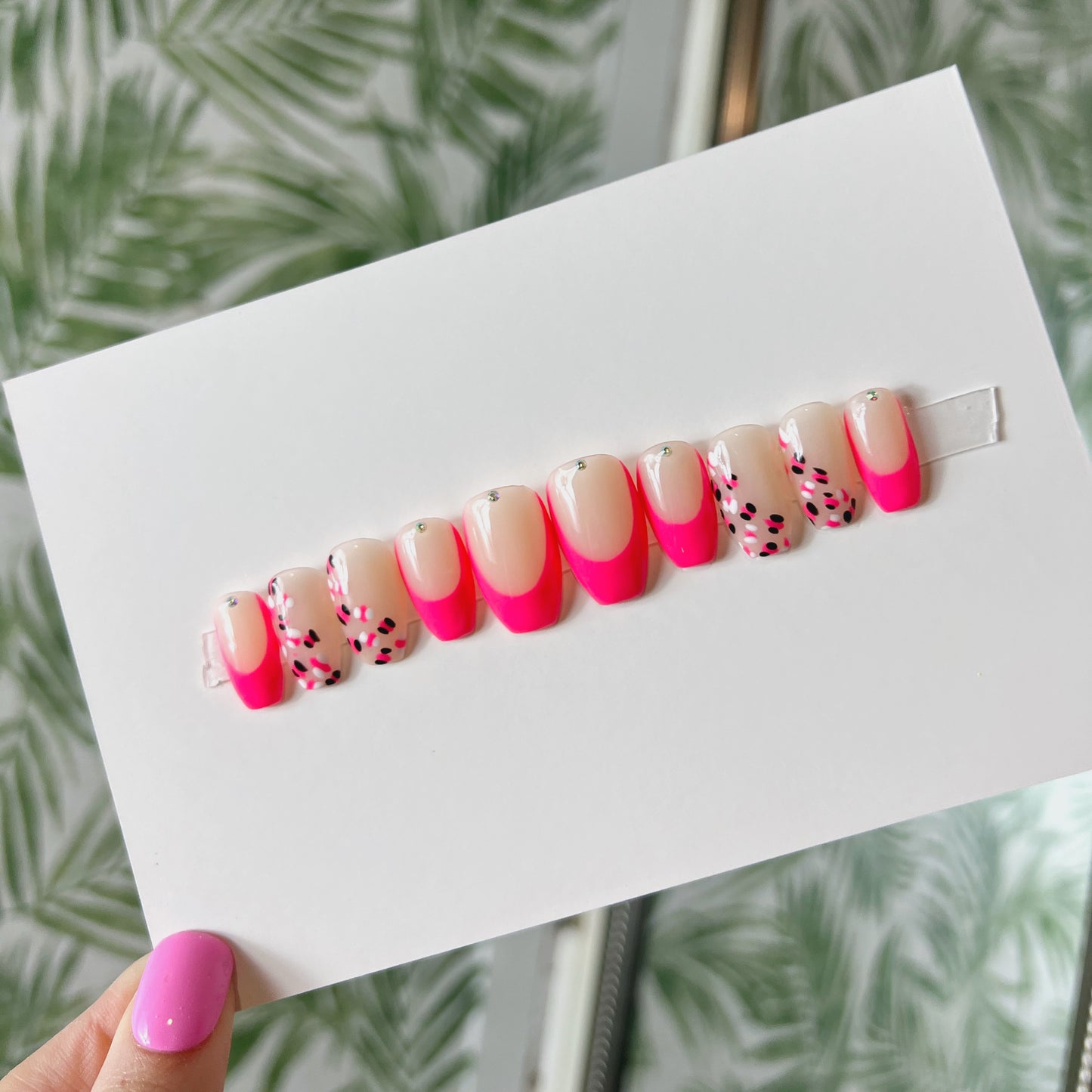 Neon pink cheetah print French tip Acrylic Press on nails